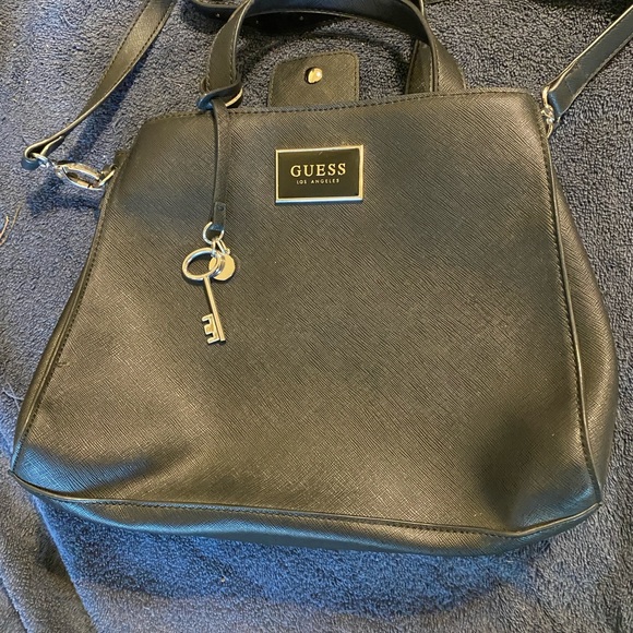 Guess Handbags - GUESS Black Saffiano Shoulder Bag with Silver Logo & Key Charm